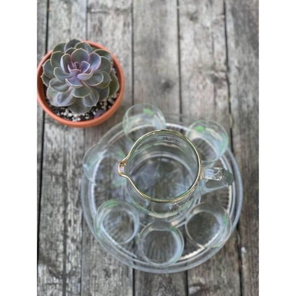 Vintage Handblown Glass Serving Set Jug & 6 Glass Hand Painted with Tray Gold Ri - Picture 8 of 10